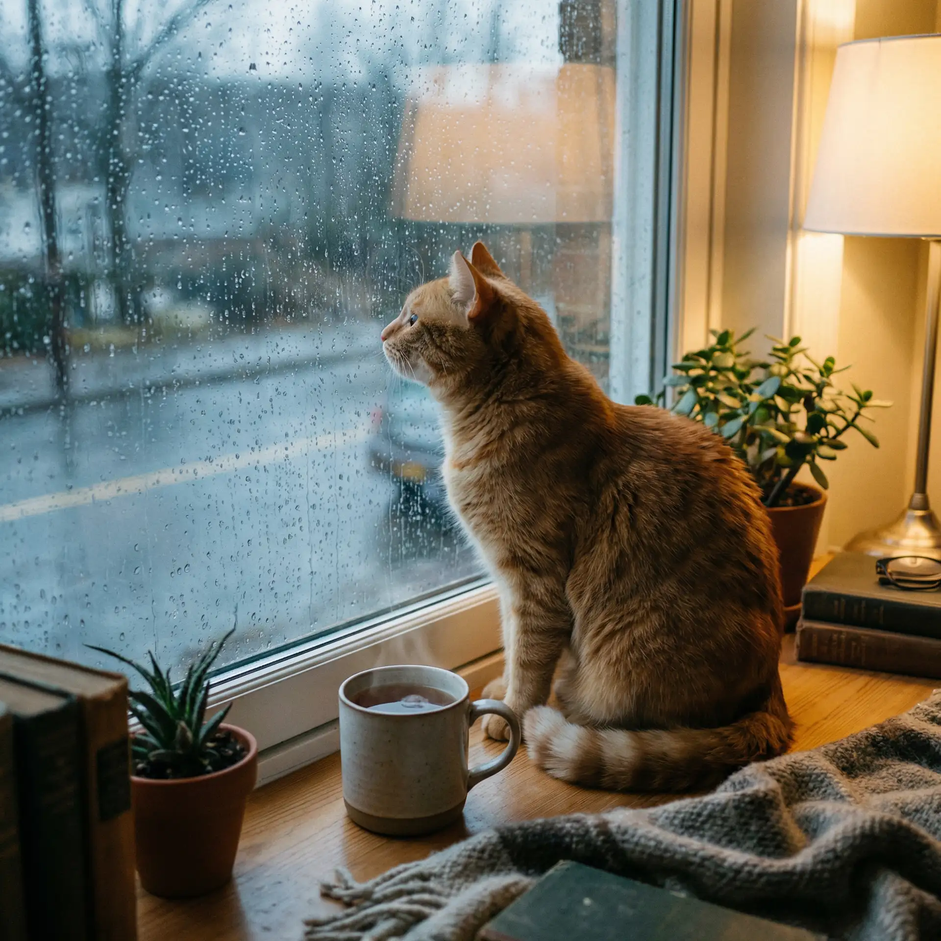 猫咪望着窗外的雨 - 黄动漫